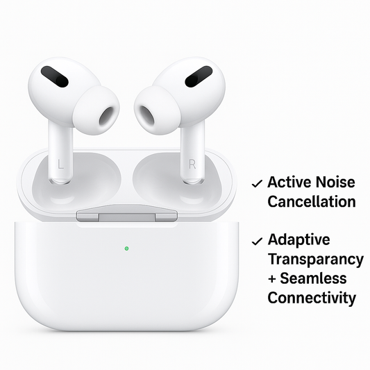 White wireless earbuds with charging case on a white background, featuring text about features.