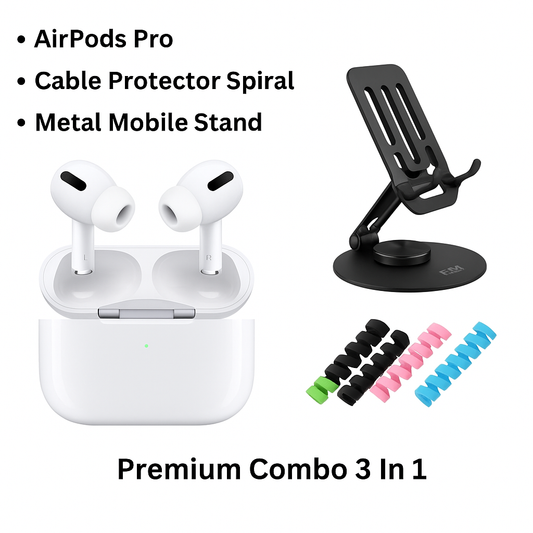 UrbanCaze AirPods Pro (3rd Gen) Combo – AirPods Pro + Cable Protector + Metal Mobile Stand | Ultimate 3-in-1 Tech Essentials Pack