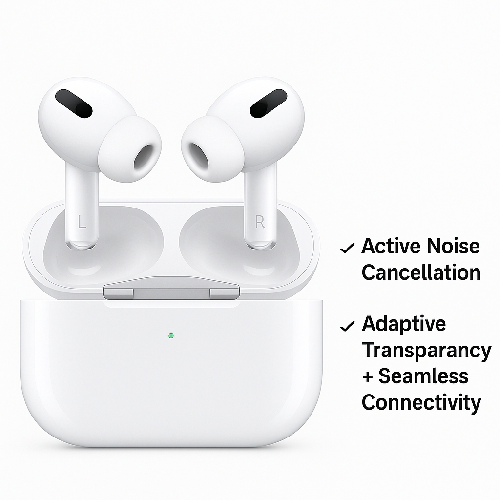 White wireless earbuds with charging case on a white background, featuring text about features.