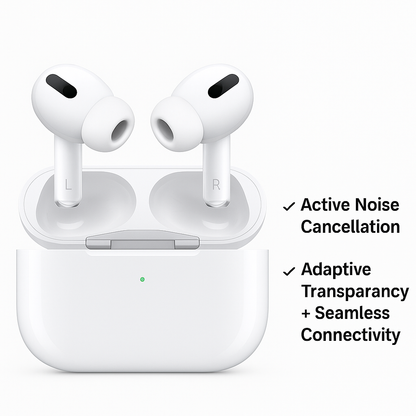 White wireless earbuds with charging case on a white background, featuring text about features.