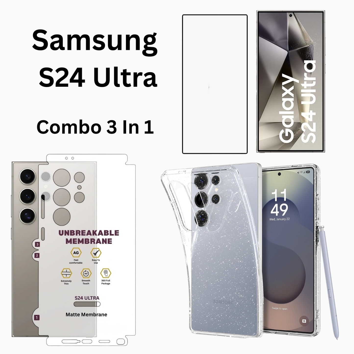 Samsung S24 Ultra Protection 3-in-1 Combo (Soft Silicone Case + Tempered Glass + Matte Guard)