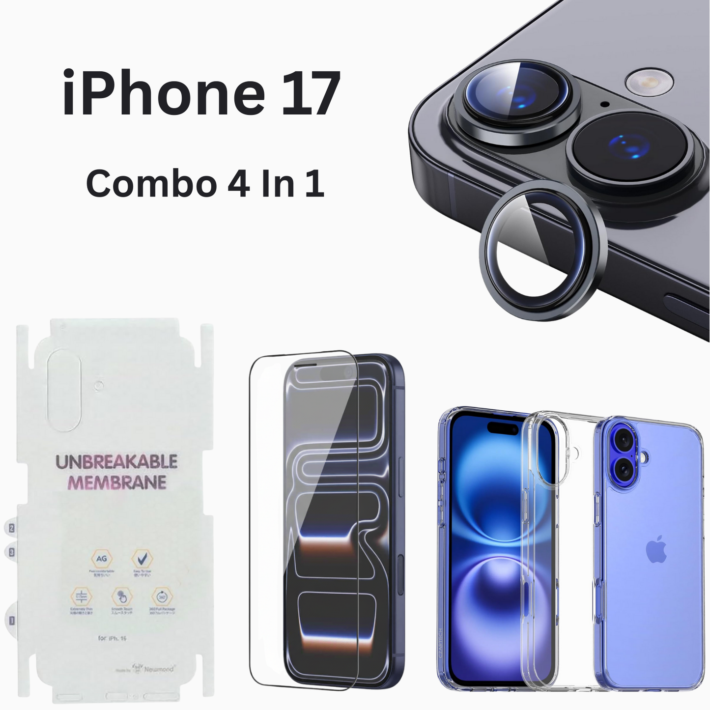 iPhone 17 Total Protection 4-in-1 Combo (Hard Transparent Cover + Matte Guard + Tempered Glass + Camera Lens Guard)
