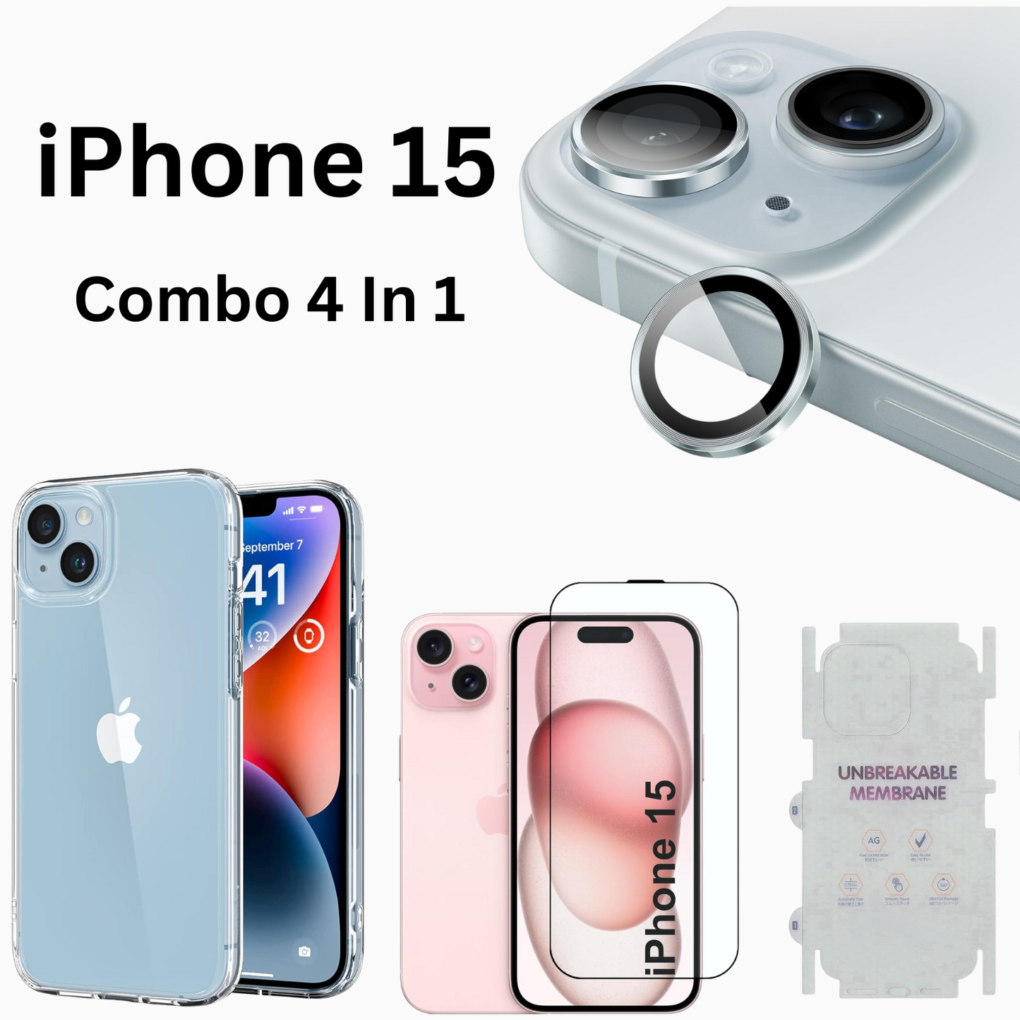 iPhone 15 Total Protection 4-in-1 Combo (Hard Transparent Cover + Matte Guard + Tempered Glass + Camera Lens Guard)