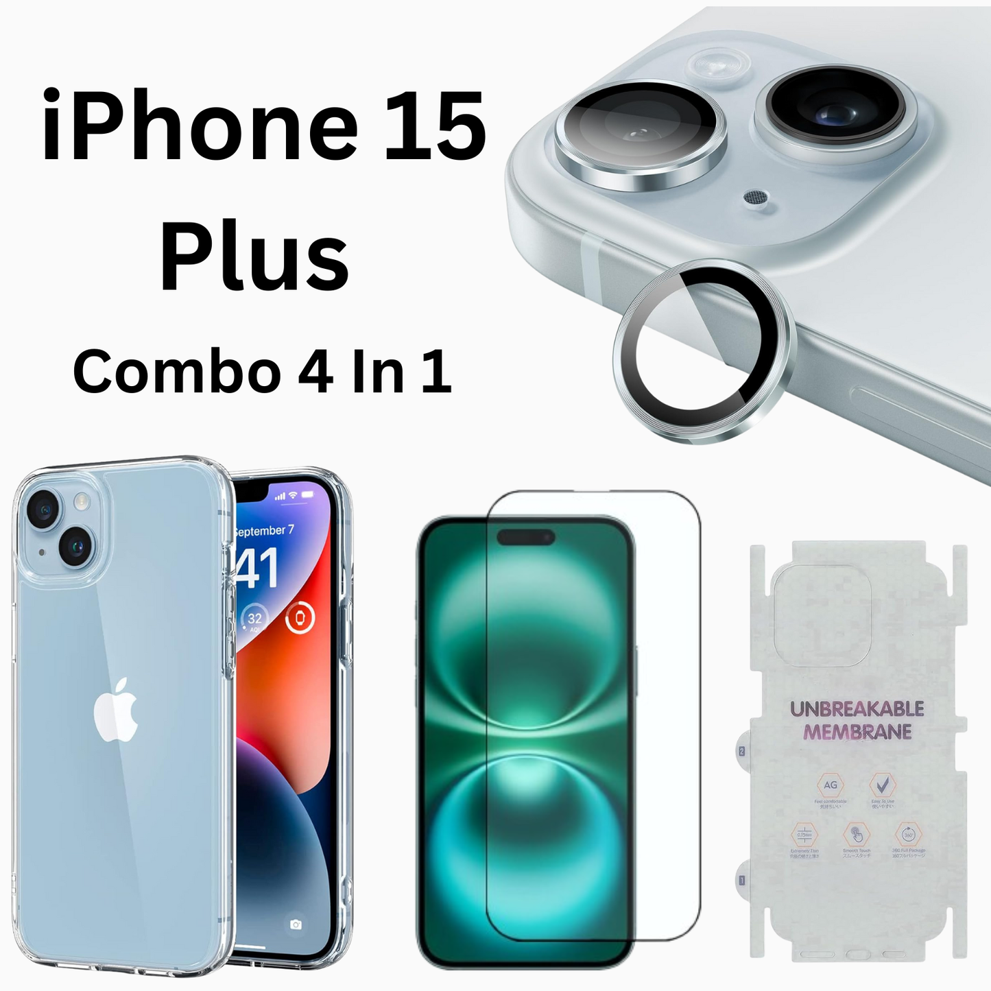 iPhone 15 Plus Total Protection 4-in-1 Combo (Hard Transparent Cover + Matte Guard + Tempered Glass + Camera Lens Guard)