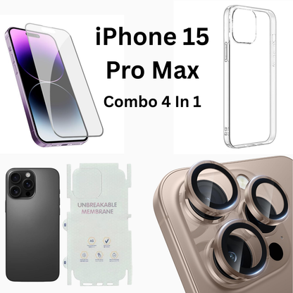 iPhone 15 Pro Max Total Protection 4-in-1 Combo (Hard Transparent Cover + Matte Guard + Tempered Glass + Camera Lens Guard)