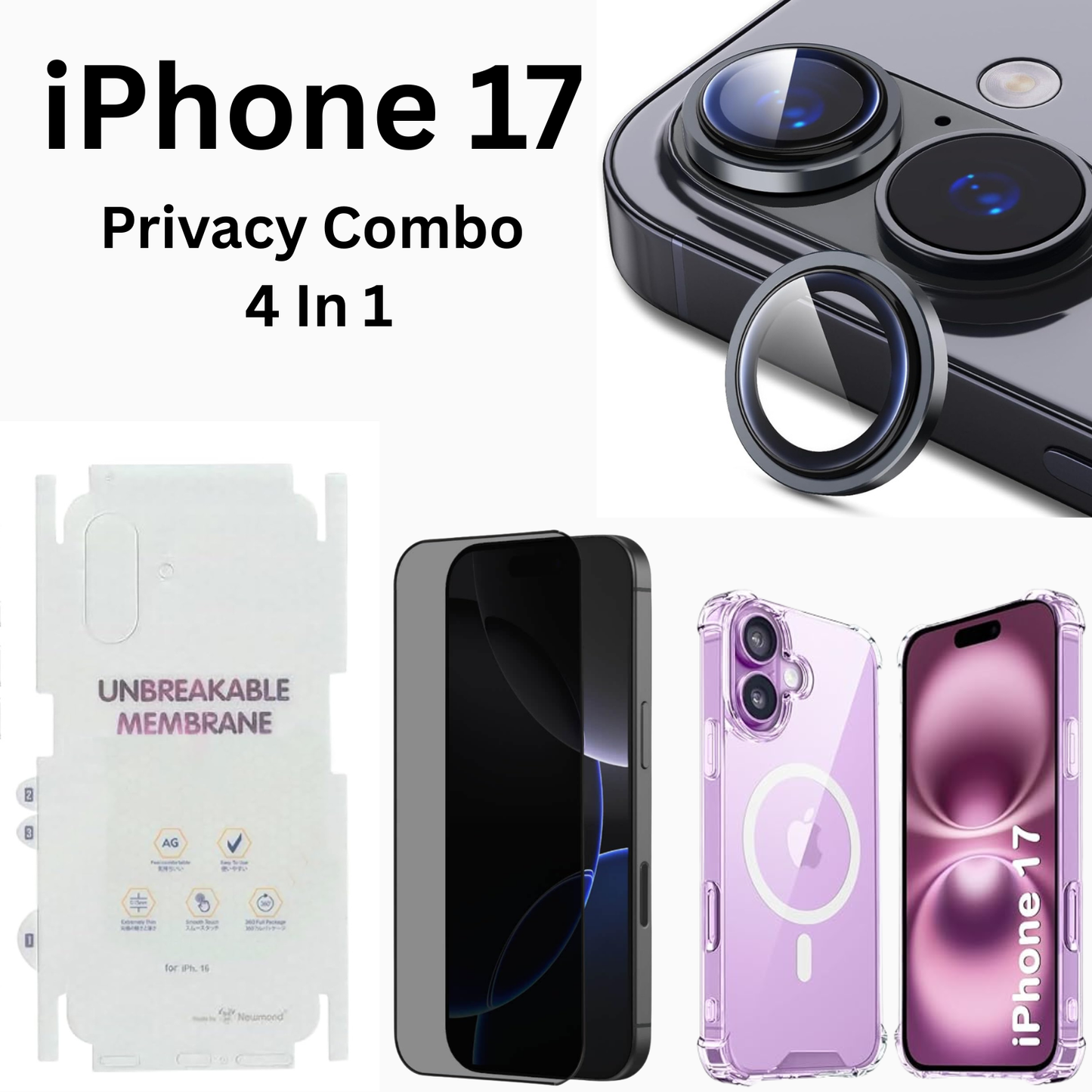 iPhone 17 Premium Privacy 4-in-1 Combo (MagSafe Transparent Cover + Matte Guard + Privacy Tempered Glass + Camera Lens Guard)