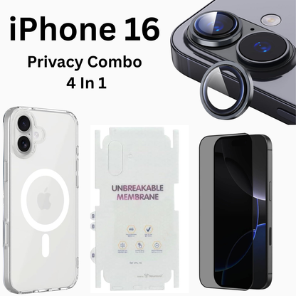 iPhone 16 Premium Privacy 4-in-1 Combo (MagSafe Transparent Cover + Matte Guard + Privacy Tempered Glass + Camera Lens Guard)
