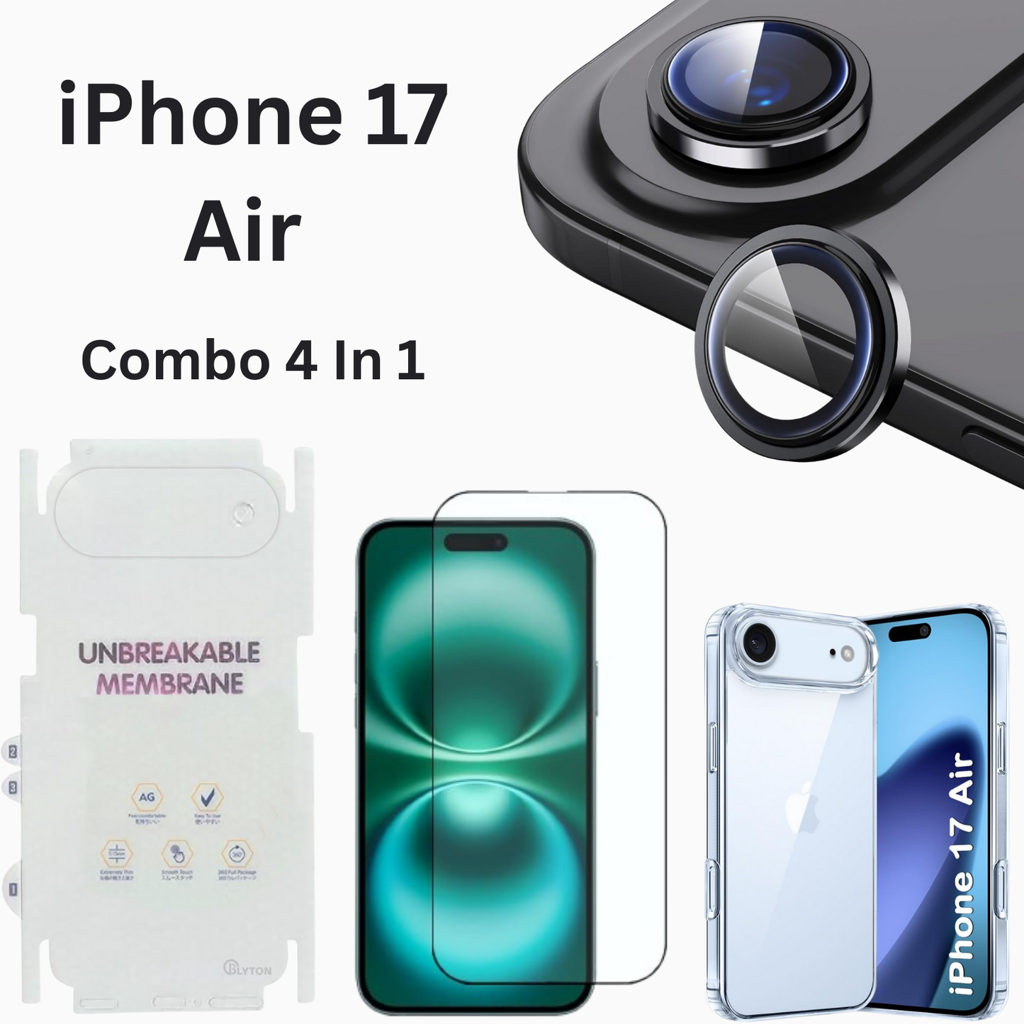 iPhone 17 Air Total Protection 4-in-1 Combo (Hard Transparent Cover + Matte Guard + Tempered Glass + Camera Lens Guard)