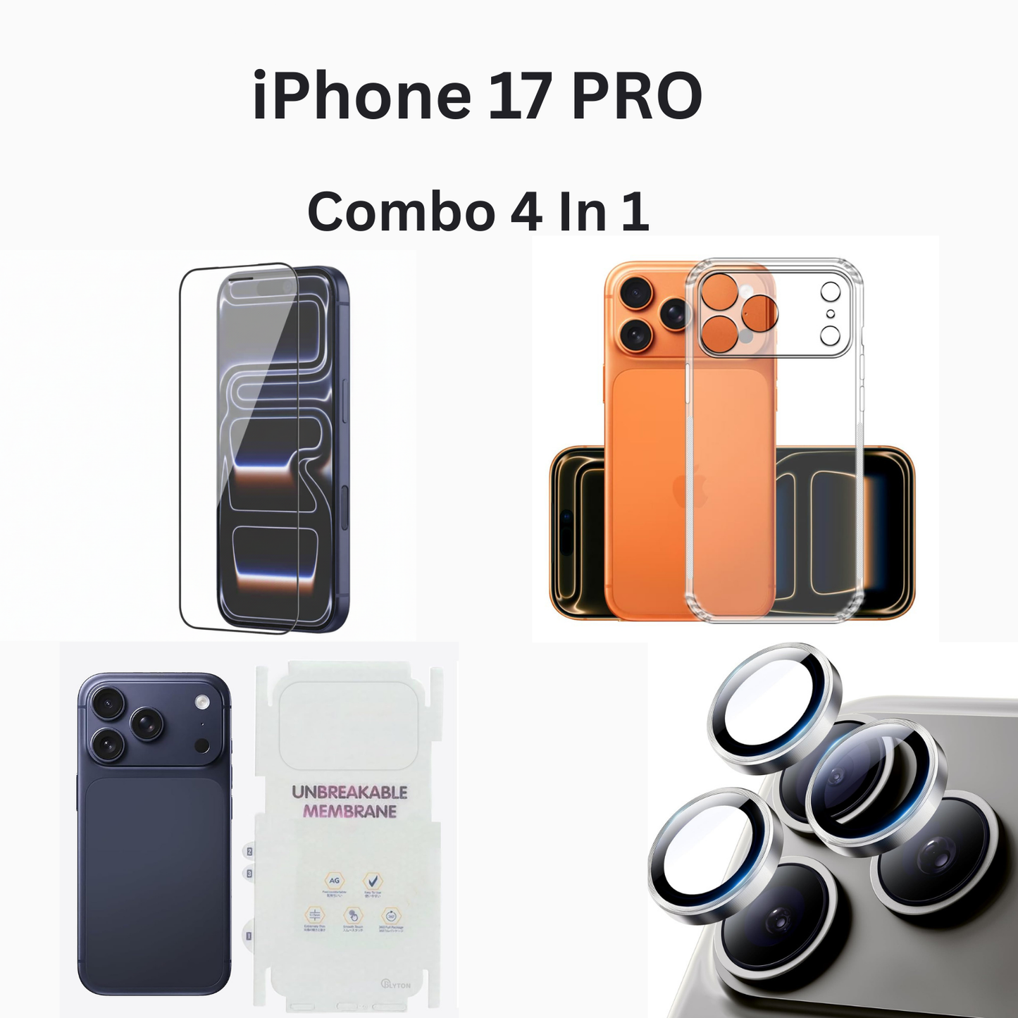 iPhone 17 Pro Total Protection 4-in-1 Combo (Hard Transparent Cover + Matte Guard + Tempered Glass + Camera Lens Guard)