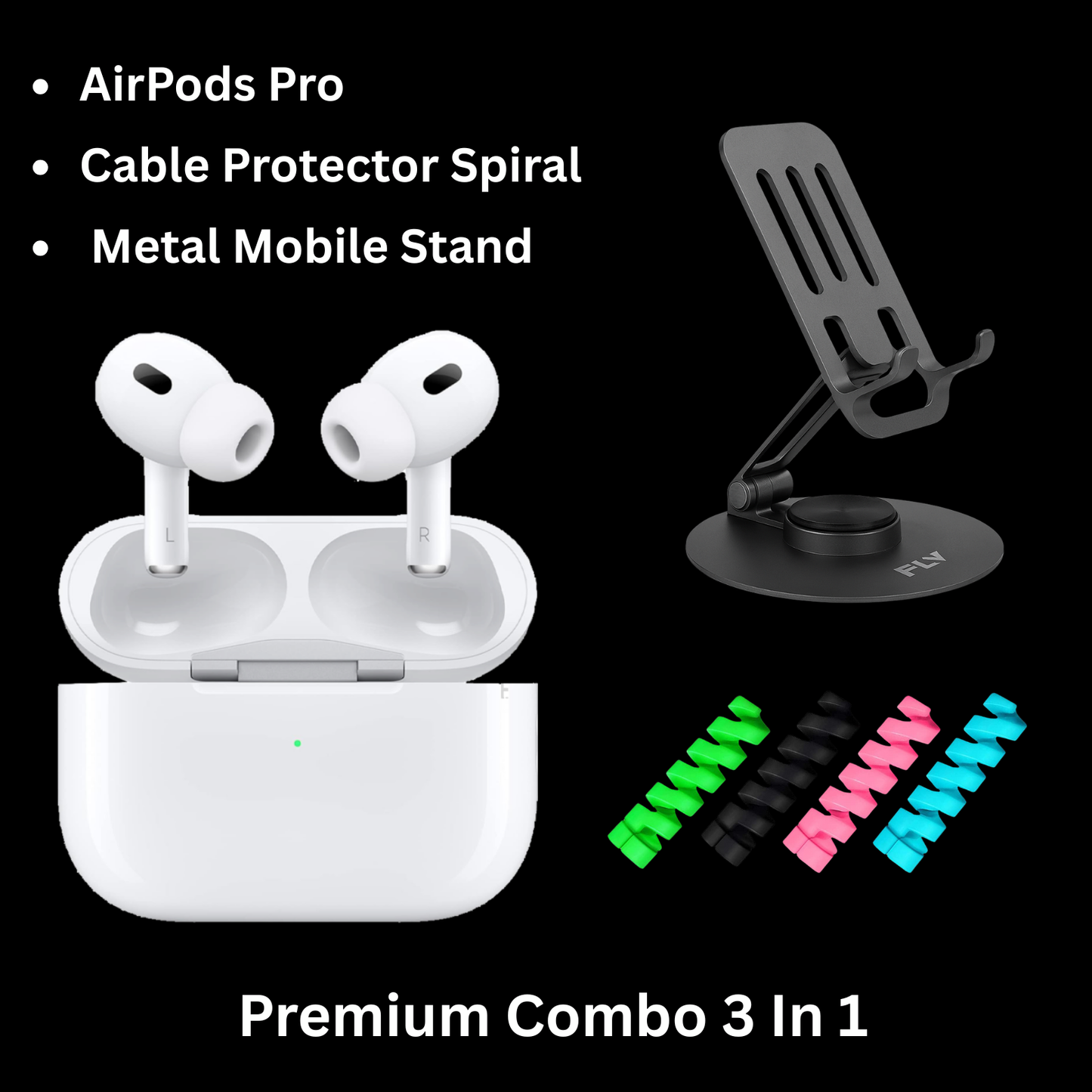 UrbanCaze AirPods Pro (2nd Gen) Combo – AirPods Pro + Cable Protector + Metal Mobile Stand | Ultimate 3-in-1 Tech Essentials Pack