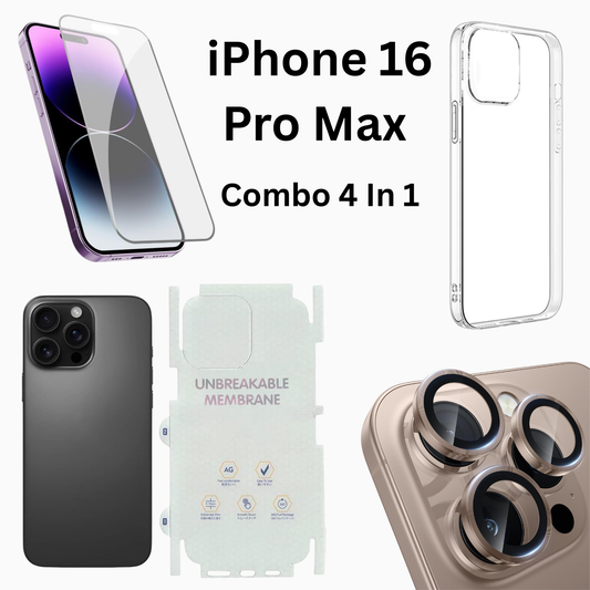iPhone 16 Pro Max Total Protection 4-in-1 Combo (Hard Transparent Cover + Matte Guard + Tempered Glass + Camera Lens Guard)
