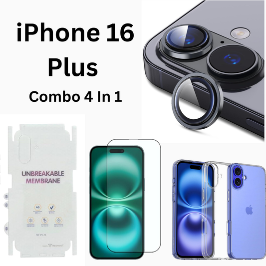 iPhone 16 Plus Total Protection 4-in-1 Combo (Hard Transparent Cover + Matte Guard + Tempered Glass + Camera Lens Guard)