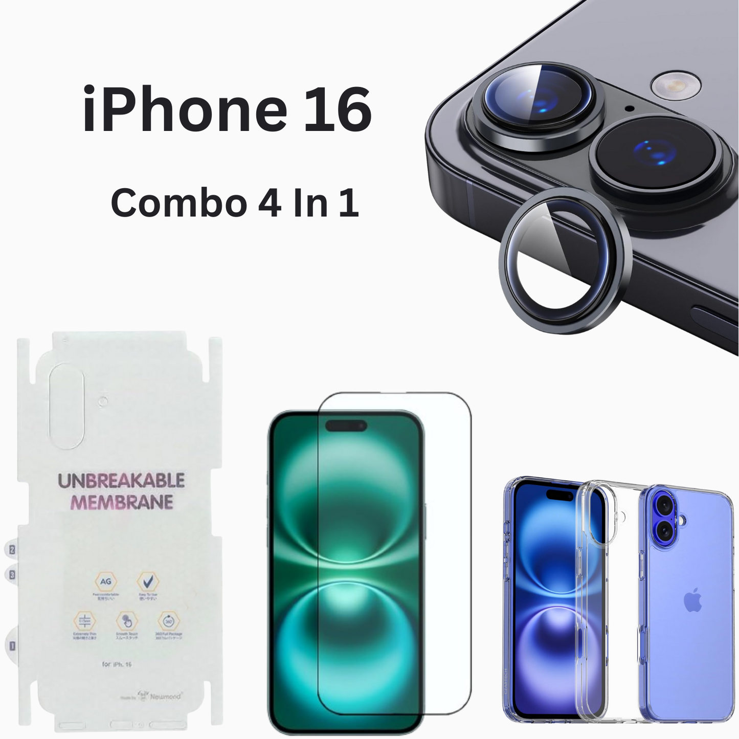 iPhone 16 Total Protection 4-in-1 Combo (Hard Transparent Cover + Matte Guard + Tempered Glass + Camera Lens Guard)