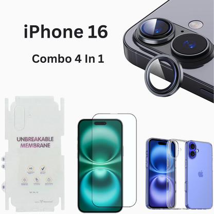iPhone 16 Total Protection 4-in-1 Combo (Hard Transparent Cover + Matte Guard + Tempered Glass + Camera Lens Guard)
