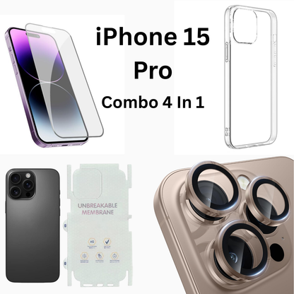 iPhone 15 Pro Total Protection 4-in-1 Combo (Hard Transparent Cover + Matte Guard + Tempered Glass + Camera Lens Guard)